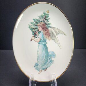 Vintage Porcelain Oval Christmas Angel Decorative Plate 9'' Gold Rimmed